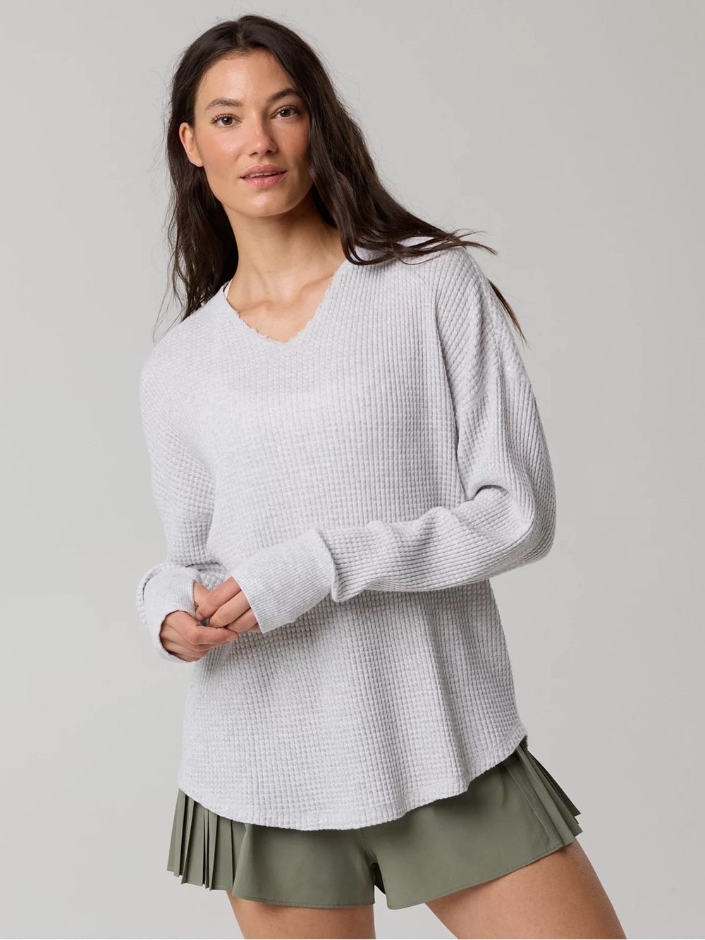 Aerie OFFLINE Waffle Notch Neck Long Sleeve Tee- Light Grey- Size Large